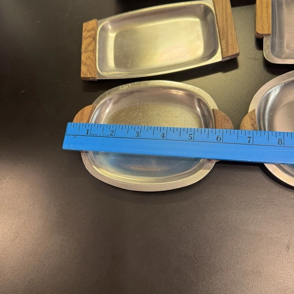 Vintage Imperial‎ Japan Relish Dish Tray Wooden Handles Set Of 5 Stainless MCM